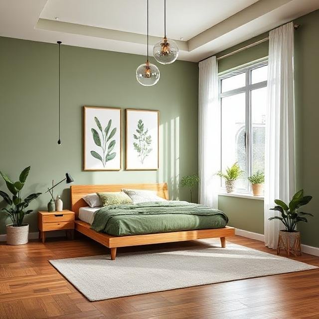 Minimalist bedroom with green walls, wooden bed frame, botanical wall art, large window with white curtains, and indoor plants.