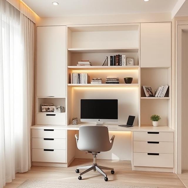 Study table in glossy off white  with profile lights and natural lighting
