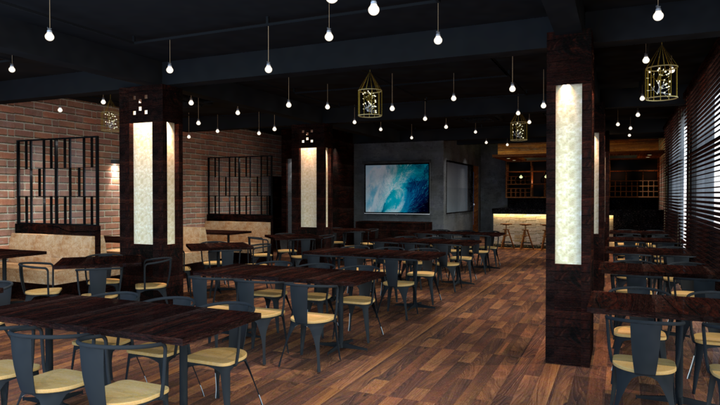 Dark toned rustic restaurant Interior in  brick tiles, exposed concrete textured paint, black painted ceilings with rustic pendant lights, metal and woiod furniture