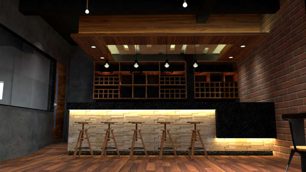 Bar counter with stone cladding, wooden cabinetry, wooden false ceiling and exposed brickwork