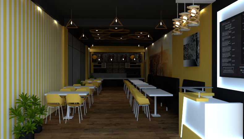 Cafe interior in white and yellow  with wooden flooring, dark ceiling with hexagonal elements