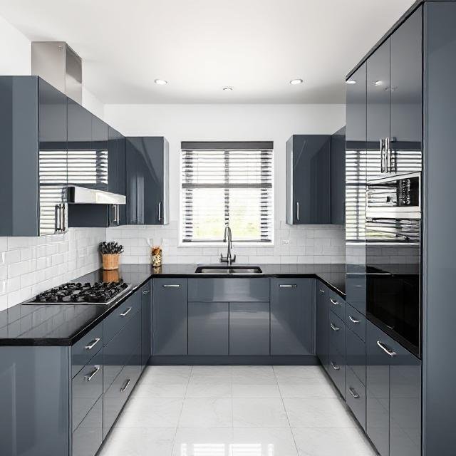 Modular kitchen in glossy steel grey cabinets, White dado, U shape layout