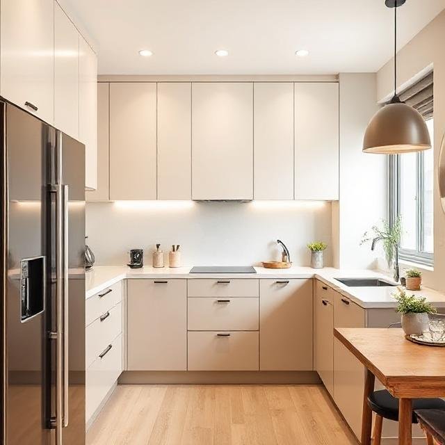 Minimalist Kitchen with white acrylic finish with wooden flooring and natural lights