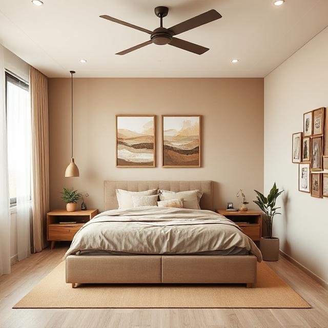 Stylish Bedroom Interior with upholstered bed and Beige accent wall  