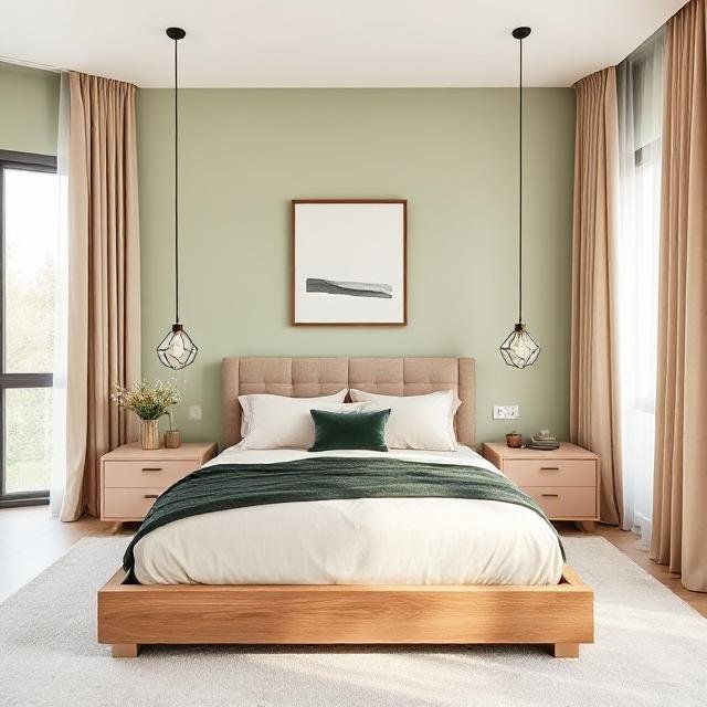  Cozy bedroom with light green accent wall, wooden bed frame, beige bedding, pendant lights, and natural light from large windows.