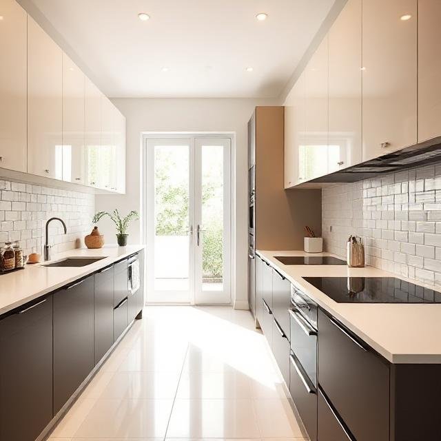 Contemporary kitchen with white upper cabinets, dark lower cabinets, subway tile backsplash, and natural light streaming through glass doors.








