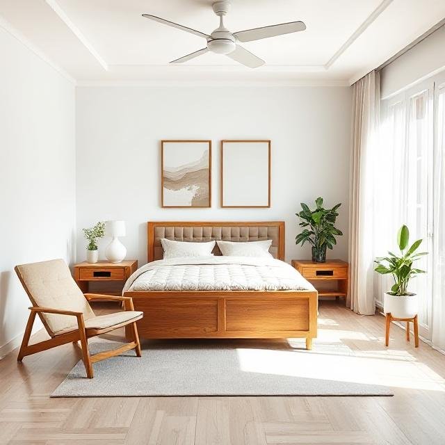 right bedroom with wooden furniture, white walls, neutral bedding, abstract wall art, and potted plants near a large window.
