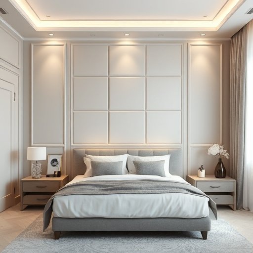 Modern bedroom with soft beige tones, upholstered bed, paneled accent wall, minimalist decor, and warm ambient lighting.