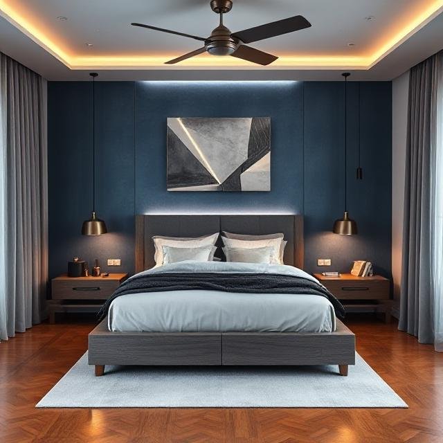 ophisticated bedroom with navy blue walls, dark wooden furniture, abstract wall art, ambient ceiling lighting, and pendant lamps.