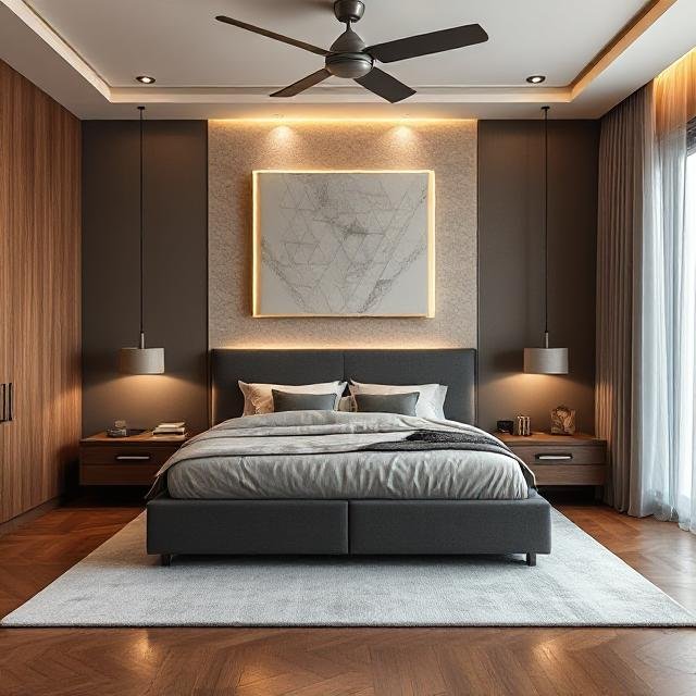 Stylish bedroom with dark grey walls and bedding, modern pendant lights,  wall art, and wooden flooring.