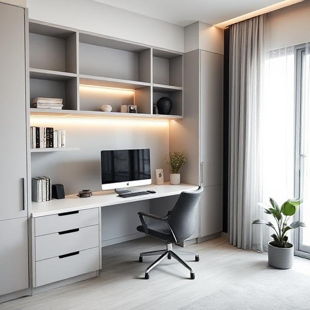 Study table and overhead cabinets in matt grey laminate with under cabinet lights 