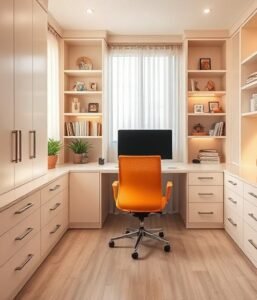 Study room interiors in Sand colour laminate, chair in accent orange colour and undercabinet lighting 