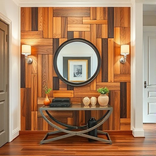 Decorative wooden panelling with wall lights ,stylish console and decorative mirror for bold entry foyer design