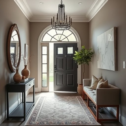 Entrance foyer with classical furniture in walnut finish, arched door frame, beige quilted bench and ethnic chandelier