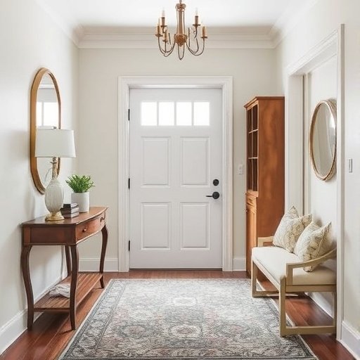 Simple Entrance foyer with console, tall unit and Bench in white and wooden combination.