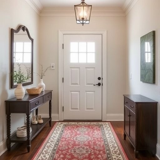 Elegant entrance foyer for a villa with console, decorative mirror and shoe cabinet. 